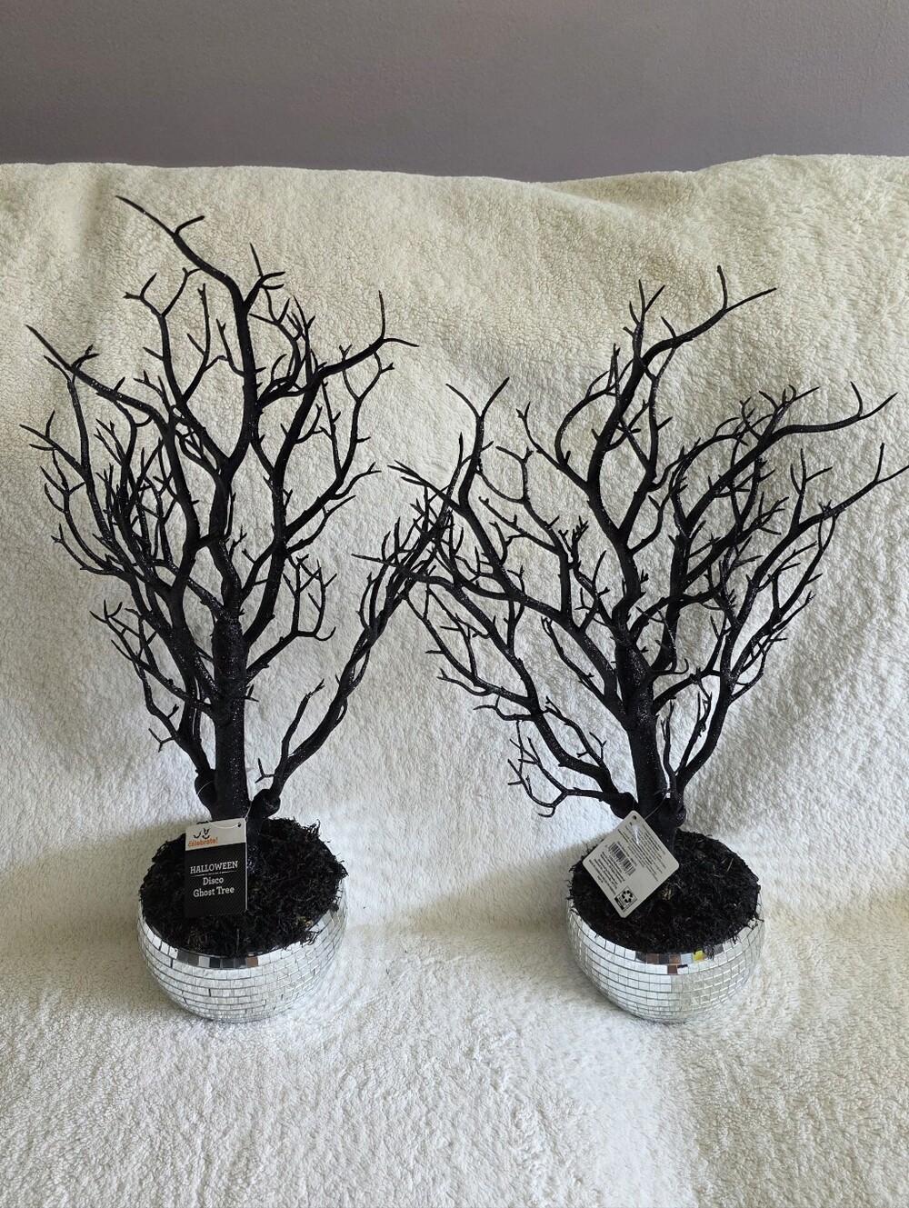 Bundle of 2 new Halloween Ghostly Disco Tree 18" Tabletop Decor, Silver & Black